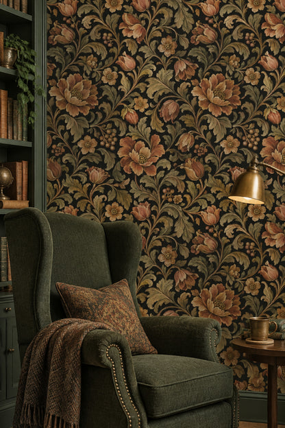 Large Botanical Flowers Wallpaper Dark Floral On Charcoal