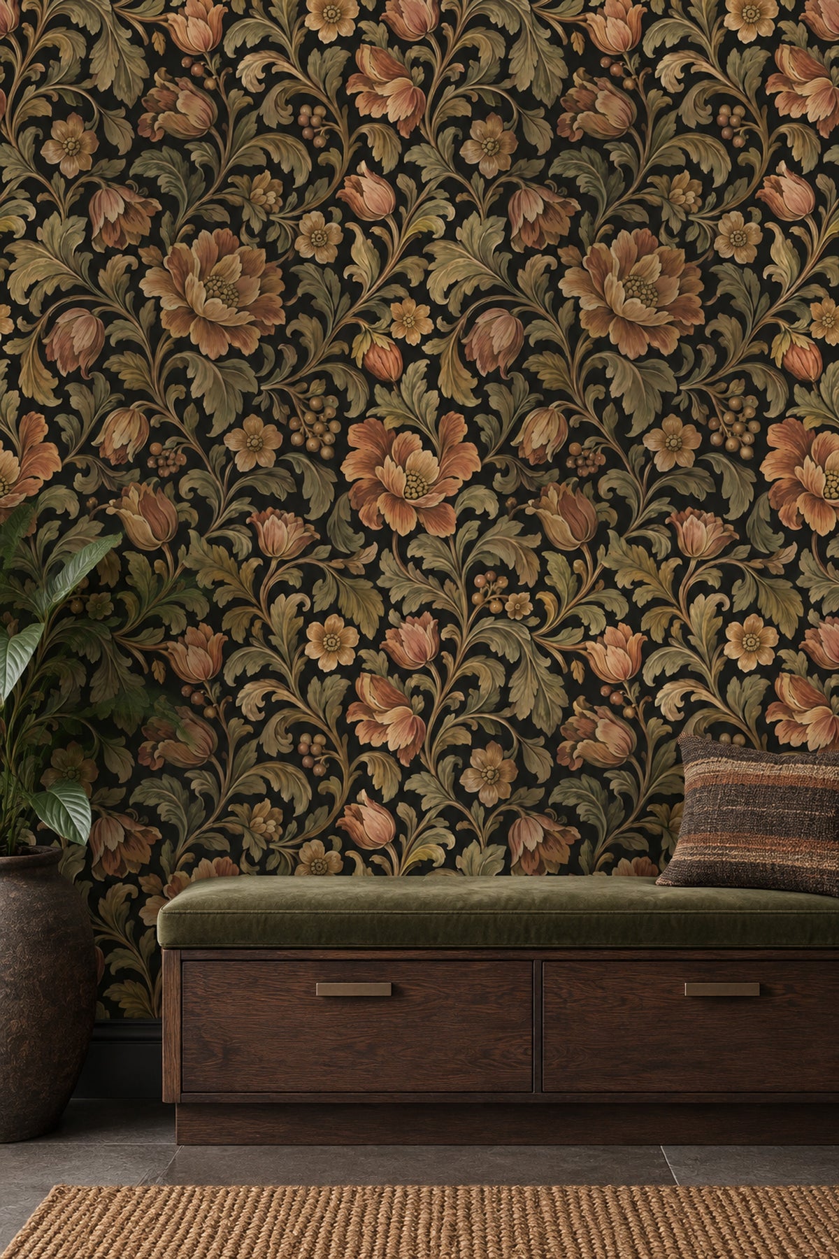 Large Botanical Flowers Wallpaper Dark Floral On Charcoal