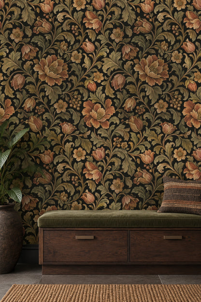 Large Botanical Flowers Wallpaper Dark Floral On Charcoal