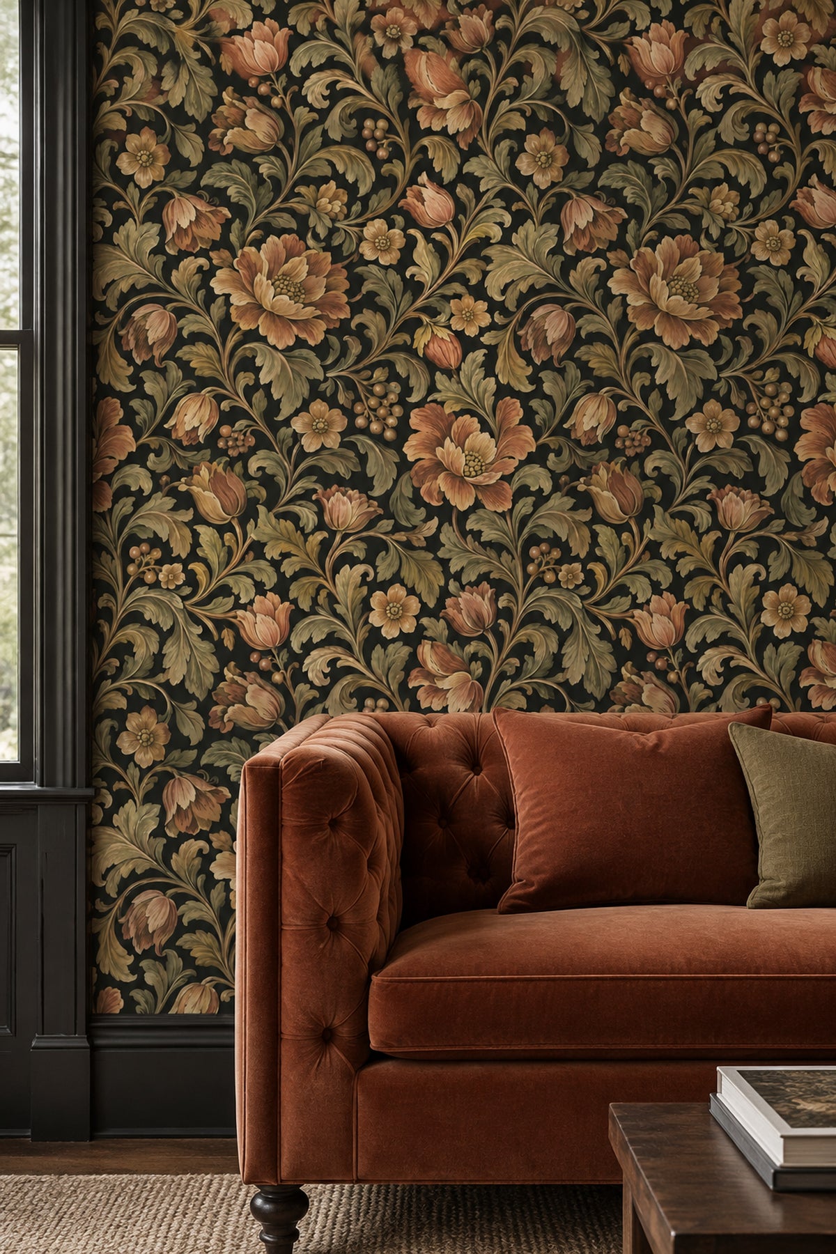 Large Botanical Flowers Wallpaper Dark Floral On Charcoal