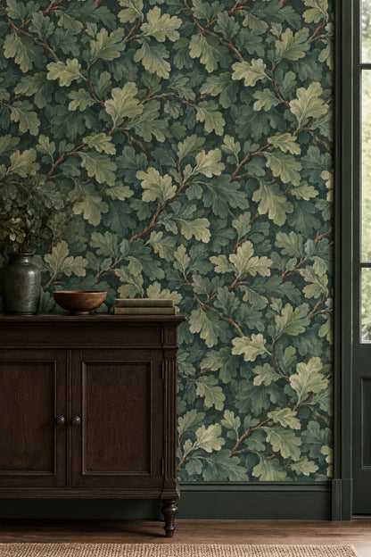 Oak Leaves Wallpaper Forest Green Branch Pattern