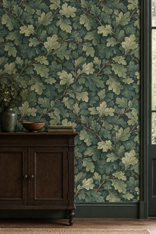 Oak Leaves Wallpaper Forest Green Branch Pattern