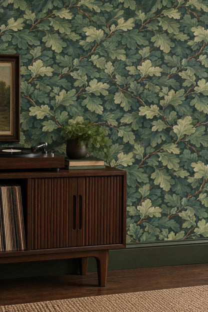 Oak Leaves Wallpaper Forest Green Branch Pattern