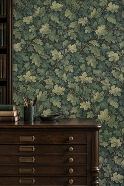 Oak Leaves Wallpaper Forest Green Branch Pattern