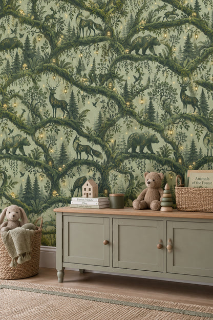 Woodland Animals Wallpaper Enchanted Forest Green Lantern Scene