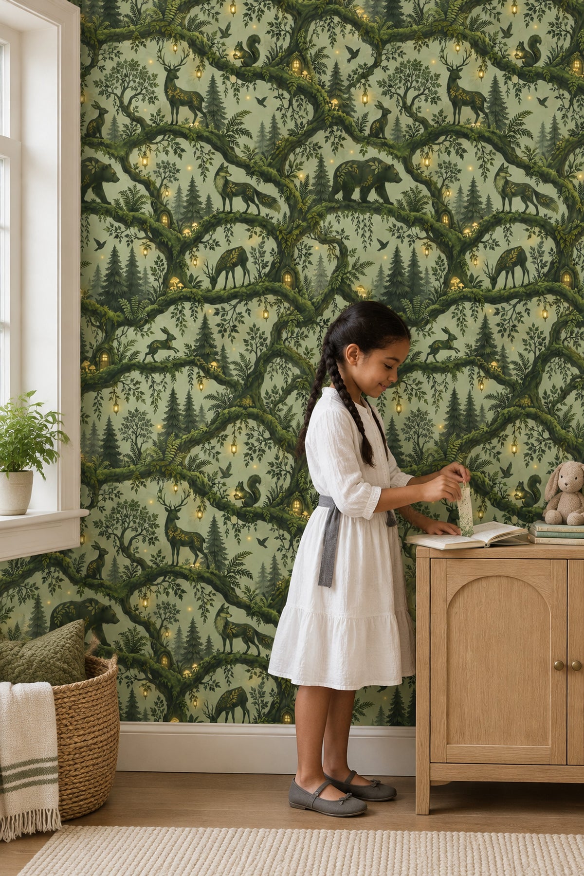 Woodland Animals Wallpaper Enchanted Forest Green Lantern Scene