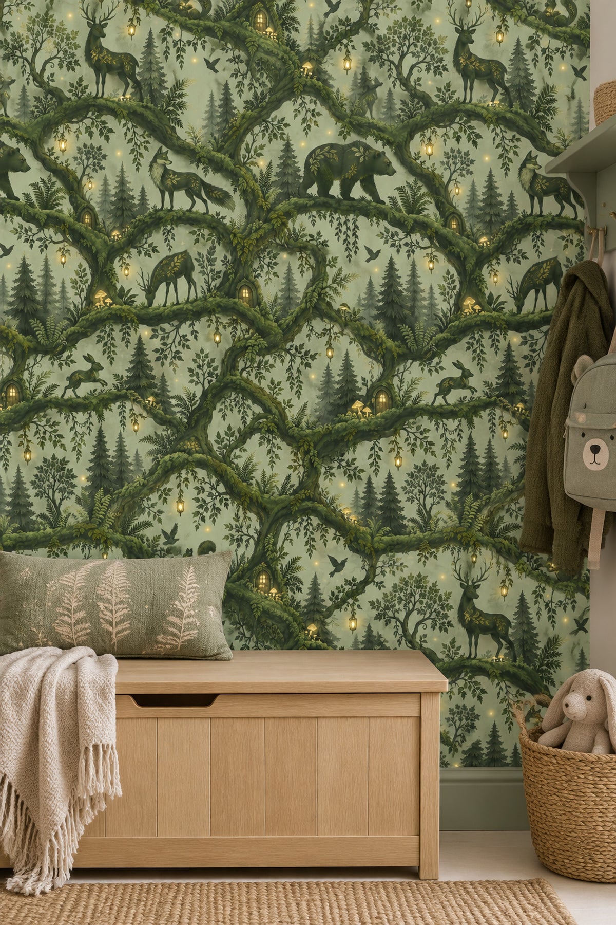 Woodland Animals Wallpaper Enchanted Forest Green Lantern Scene