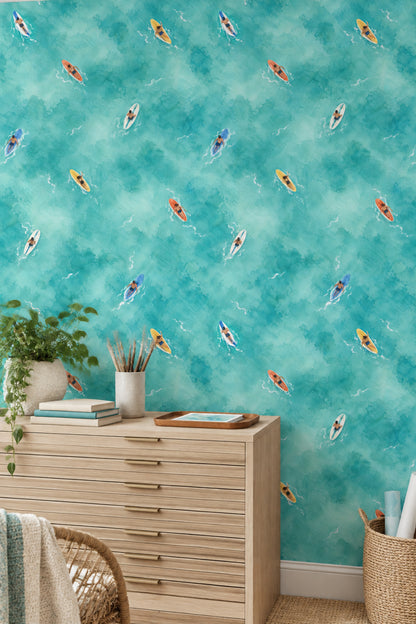 Aerial Surfers Wallpaper Watercolor Teal Ocean