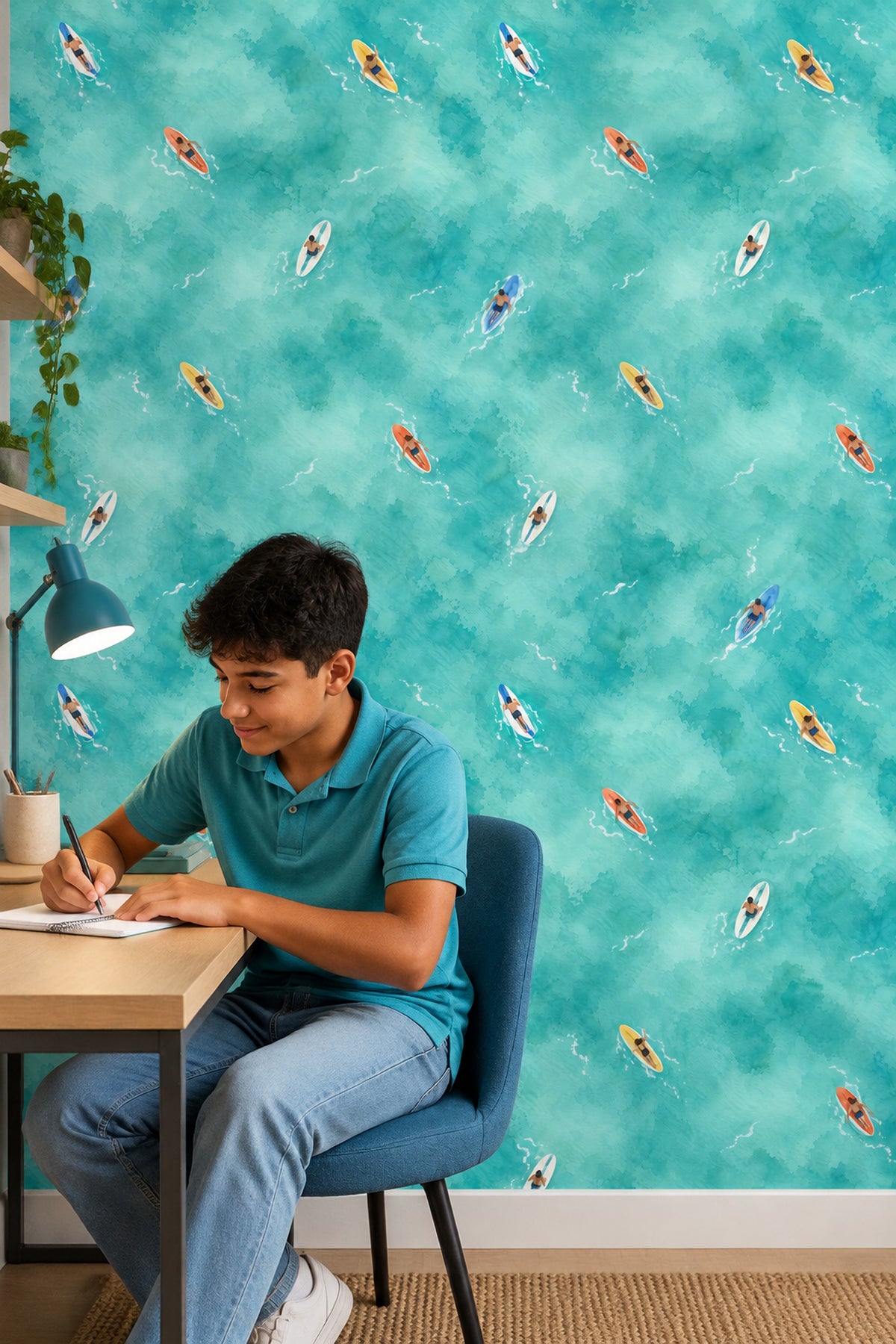 Aerial Surfers Wallpaper Watercolor Teal Ocean