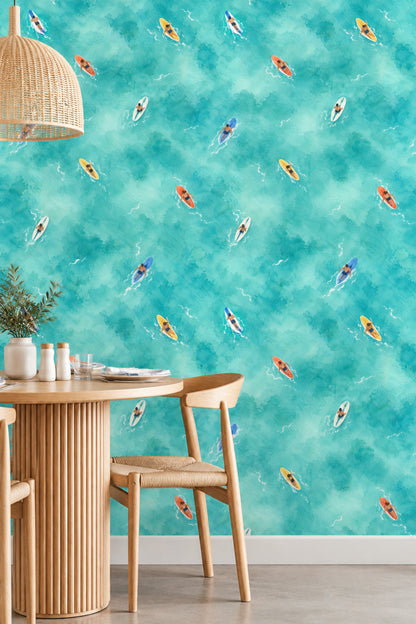 Aerial Surfers Wallpaper Watercolor Teal Ocean