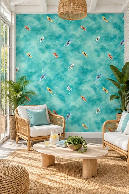Aerial Surfers Wallpaper Watercolor Teal Ocean