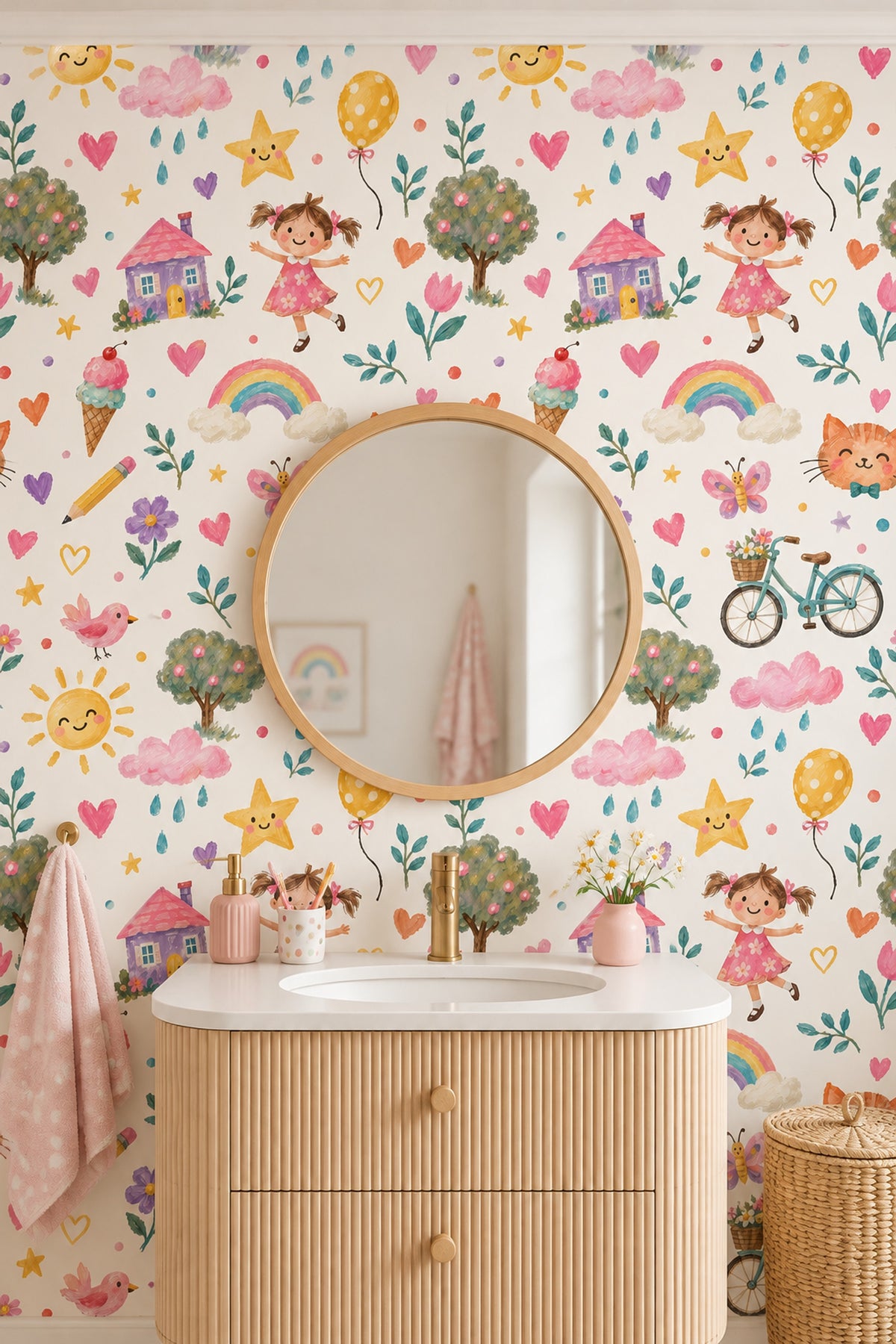 Smiling Sun And Rainbow Wallpaper Whimsical Hand Painted Nursery Pattern