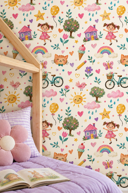 Smiling Sun And Rainbow Wallpaper Whimsical Hand Painted Nursery Pattern