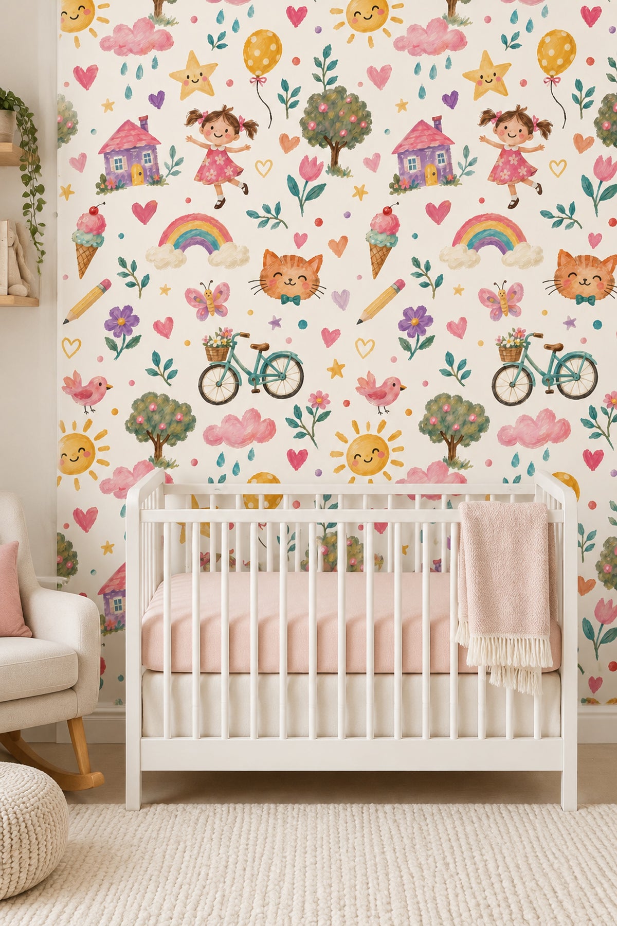 Smiling Sun And Rainbow Wallpaper Whimsical Hand Painted Nursery Pattern