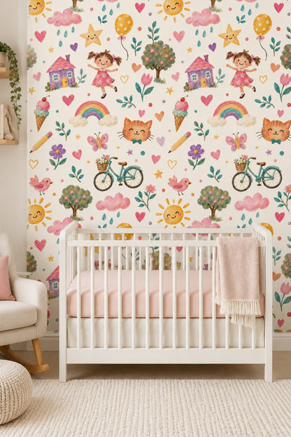 Smiling Sun And Rainbow Wallpaper Whimsical Hand Painted Nursery Pattern