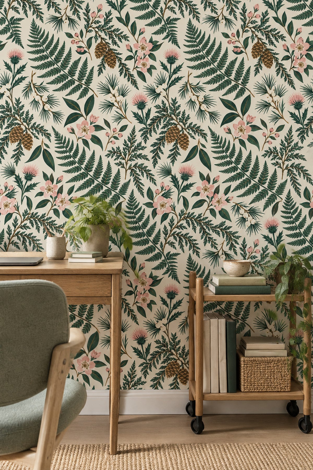 Fern And Pinecone Wallpaper Vintage Inspired Botanical On Cream