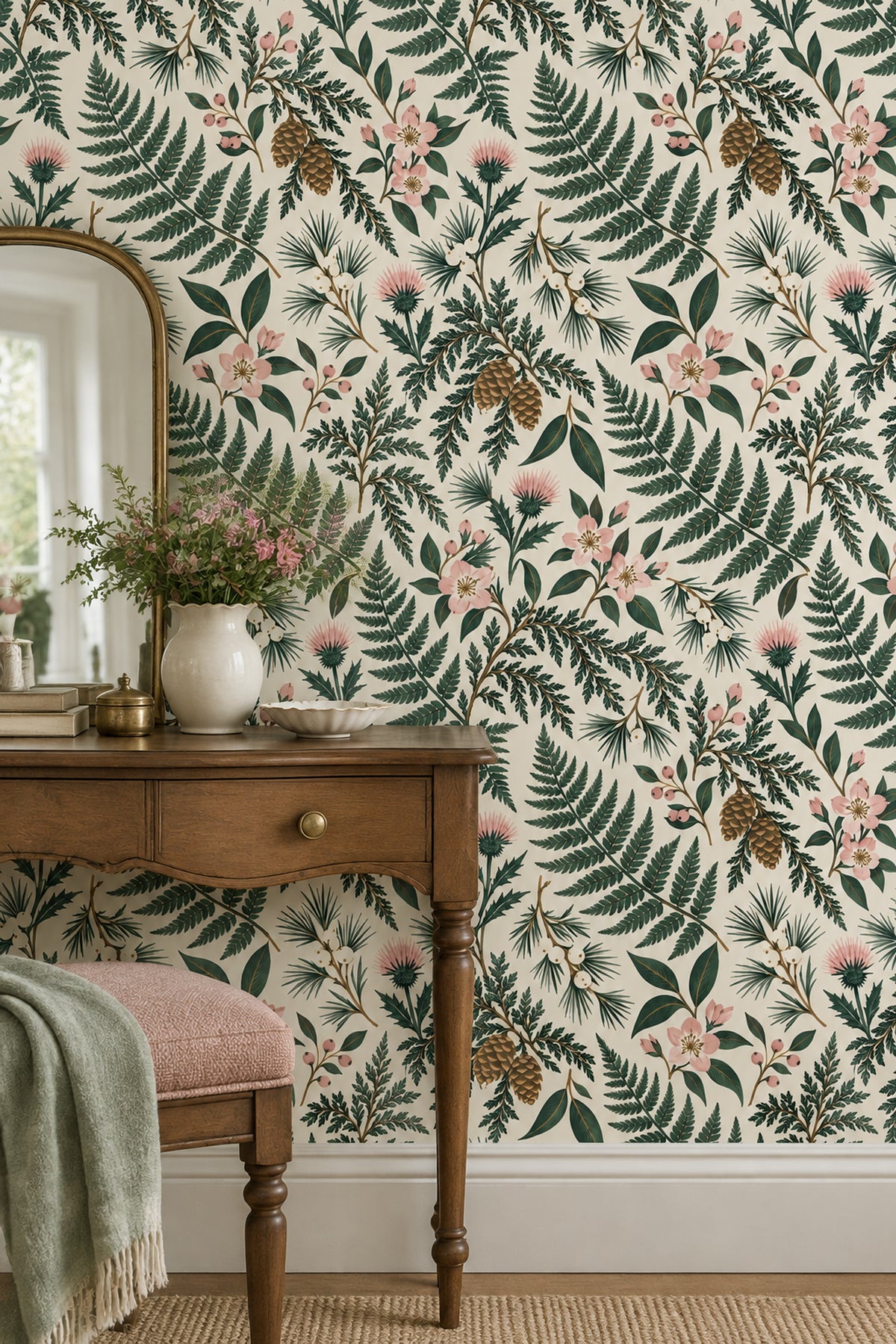 Fern And Pinecone Wallpaper Vintage Inspired Botanical On Cream