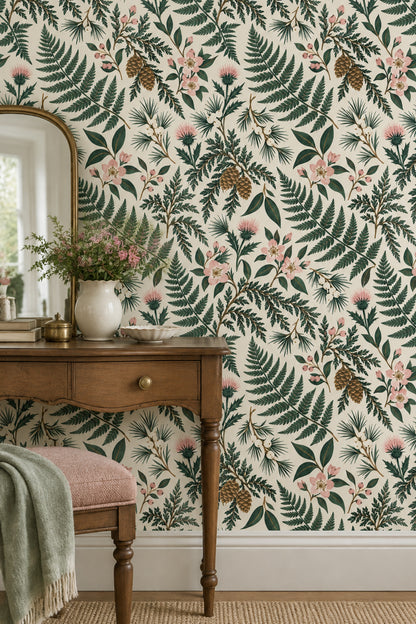 Fern And Pinecone Wallpaper Vintage Inspired Botanical On Cream
