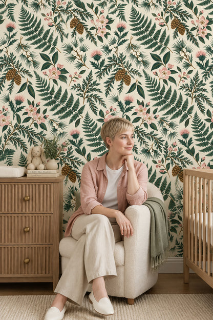 Fern And Pinecone Wallpaper Vintage Inspired Botanical On Cream