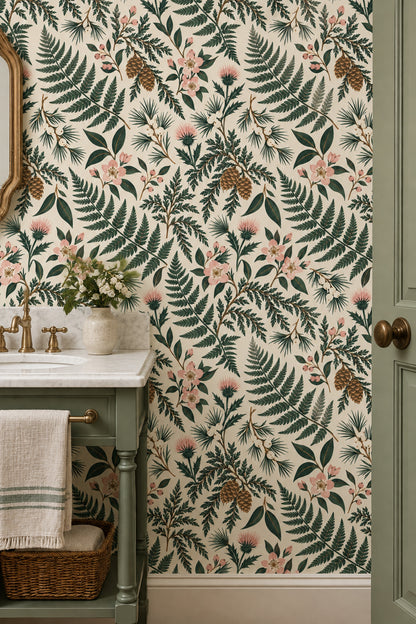 Fern And Pinecone Wallpaper Vintage Inspired Botanical On Cream