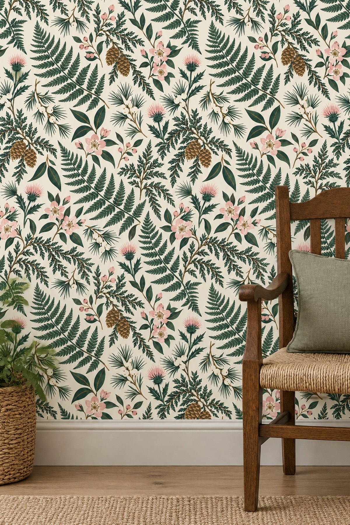 Fern And Pinecone Wallpaper Vintage Inspired Botanical On Cream
