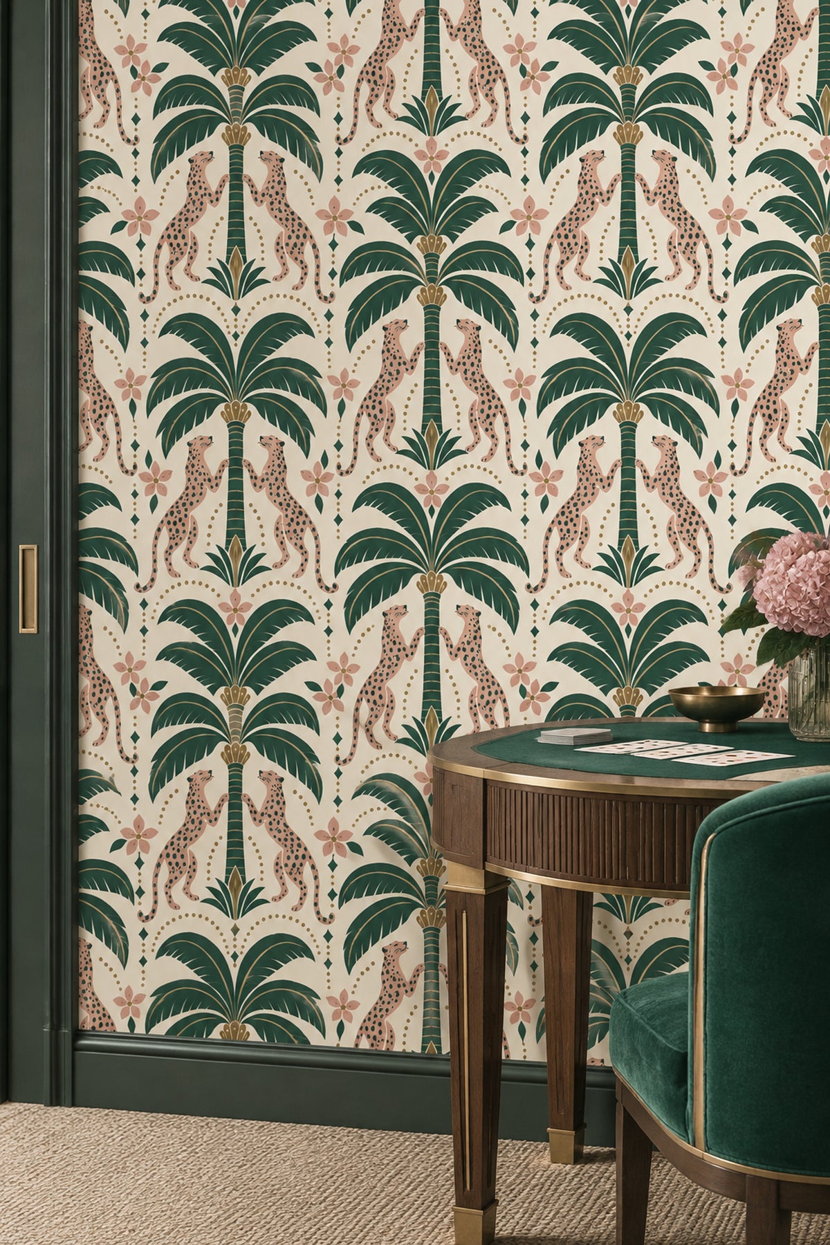Pink Leopards And Palm Trees Wallpaper Art Deco Cream Background