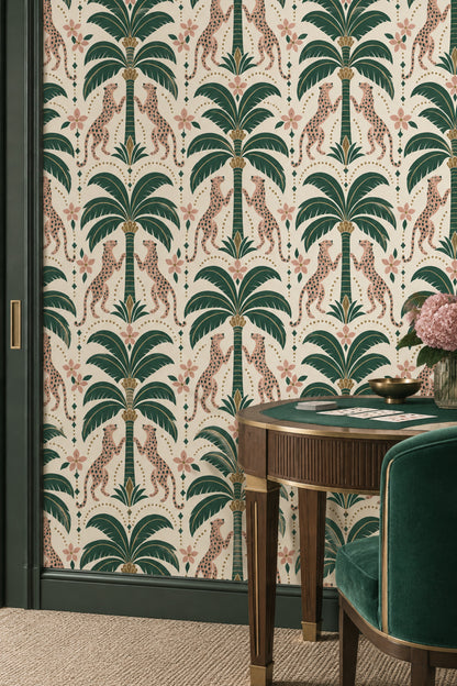 Pink Leopards And Palm Trees Wallpaper Art Deco Cream Background