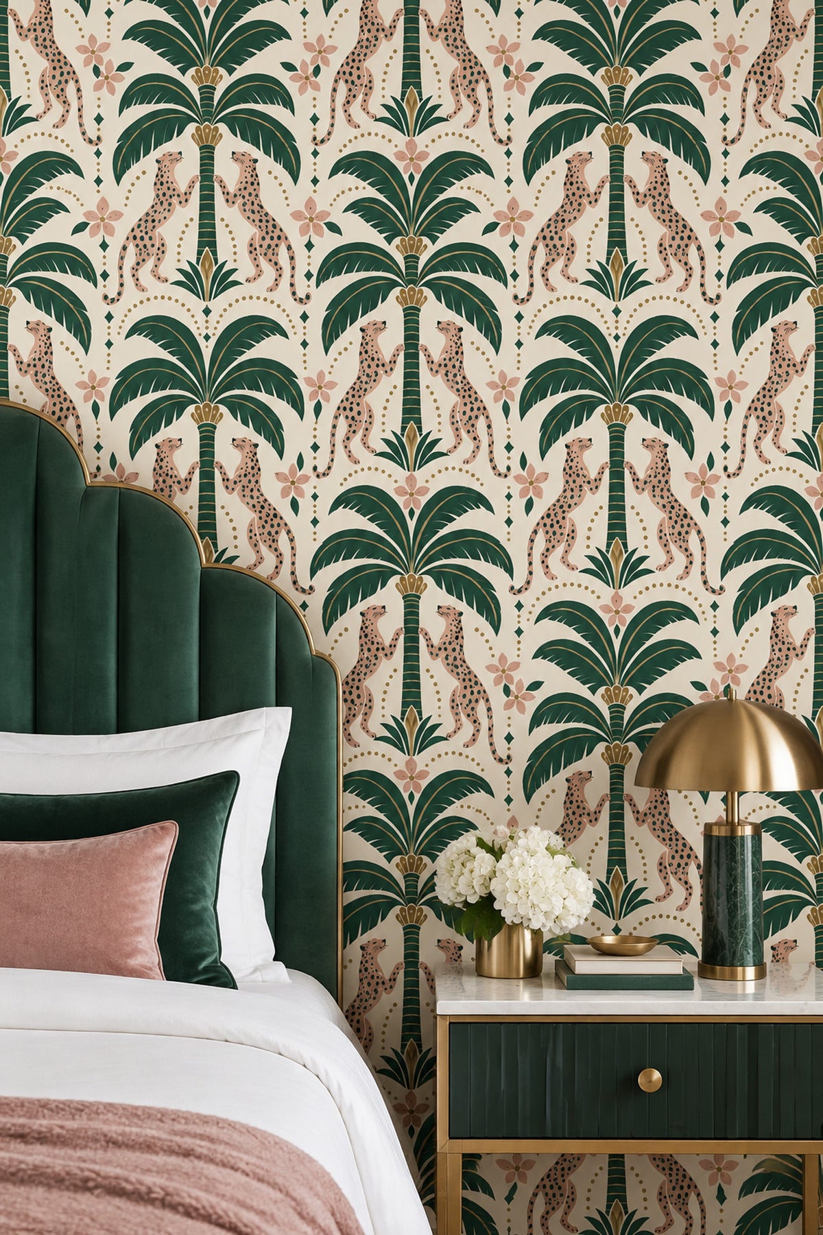 Pink Leopards And Palm Trees Wallpaper Art Deco Cream Background