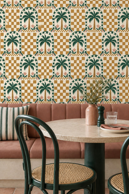 Tropical Palm Wallpaper Arched Tile Checkerboard In Cream Mustard And Green