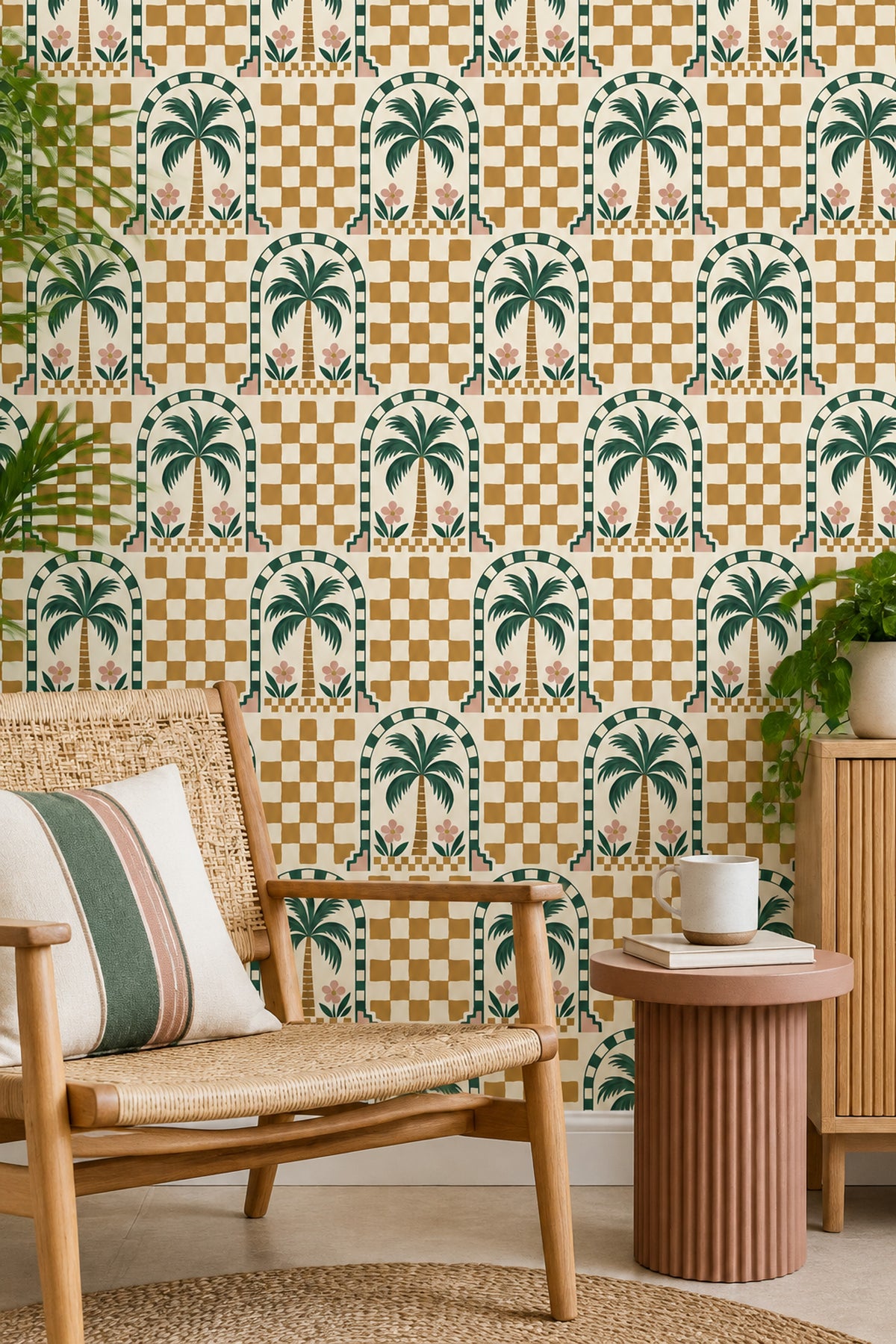 Tropical Palm Wallpaper Arched Tile Checkerboard In Cream Mustard And Green
