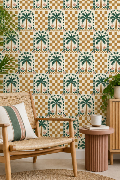 Tropical Palm Wallpaper Arched Tile Checkerboard In Cream Mustard And Green