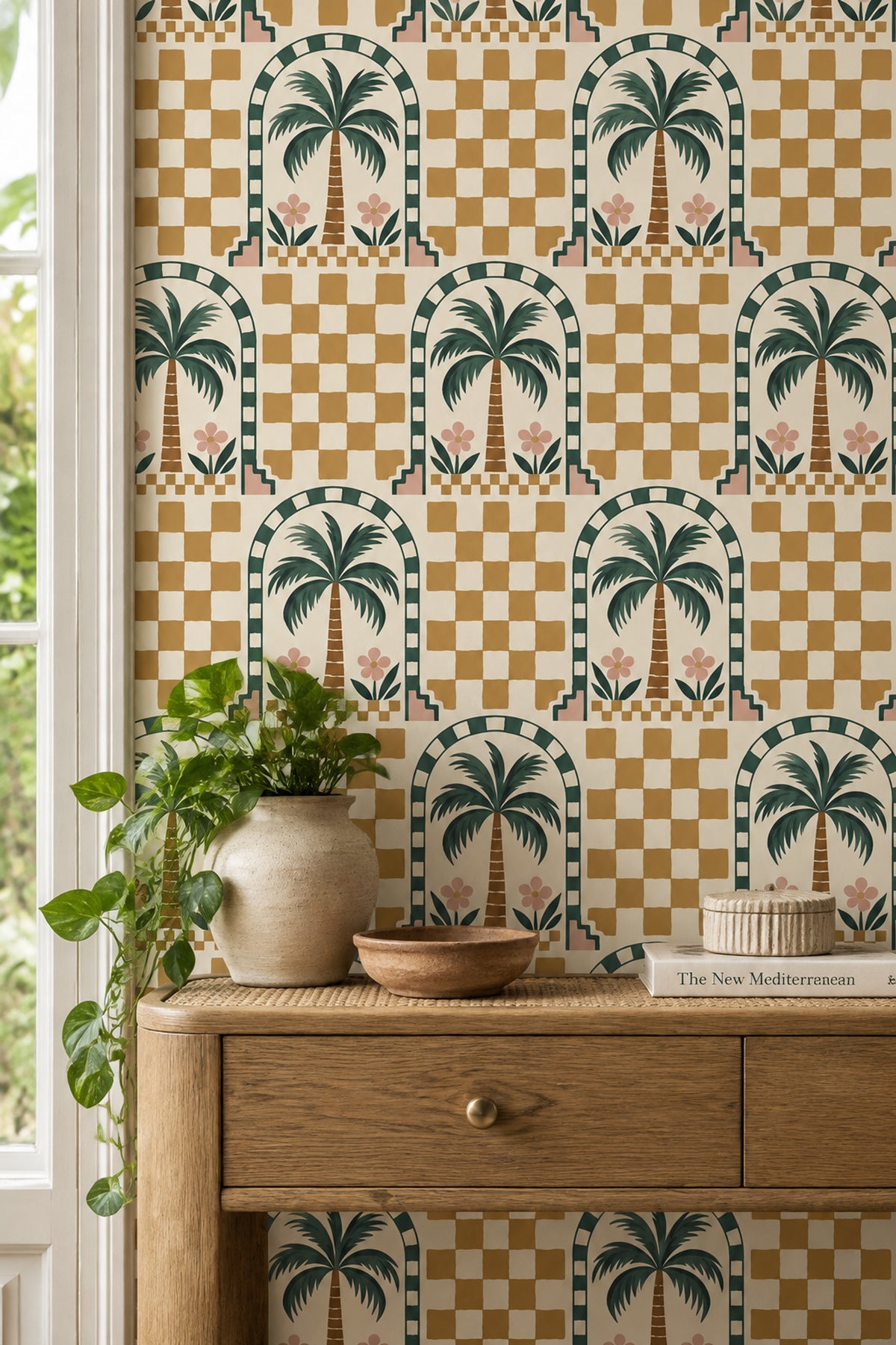 Tropical Palm Wallpaper Arched Tile Checkerboard In Cream Mustard And Green