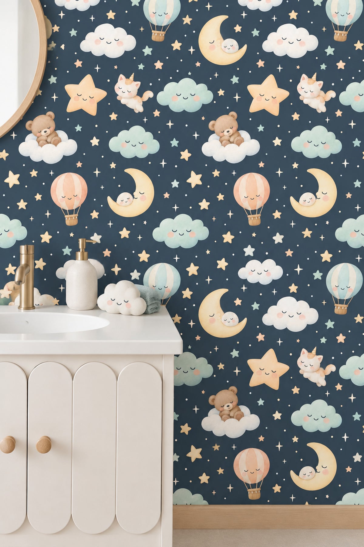 Sleeping Moons Wallpaper Dark Teal Watercolor Celestial Nursery Print