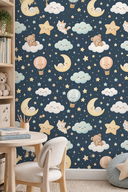 Sleeping Moons Wallpaper Dark Teal Watercolor Celestial Nursery Print