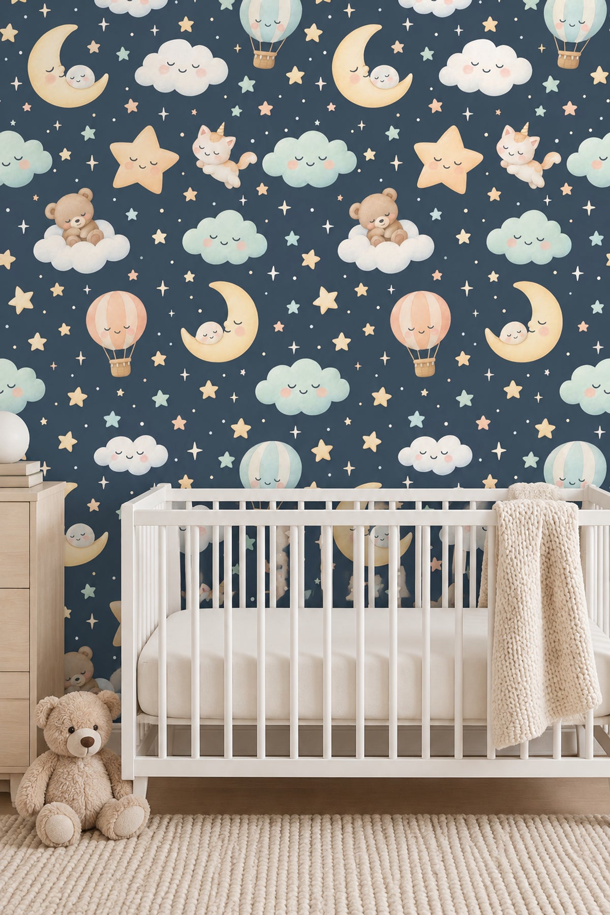 Sleeping Moons Wallpaper Dark Teal Watercolor Celestial Nursery Print