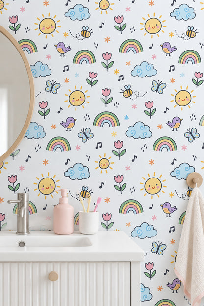 Smiling Sun And Rainbow Wallpaper Pastel Doodle Pattern