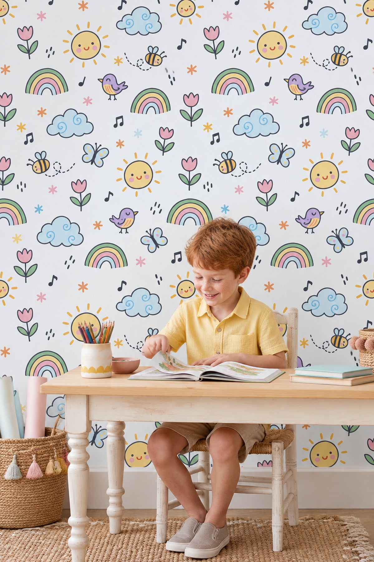 Smiling Sun And Rainbow Wallpaper Pastel Doodle Pattern