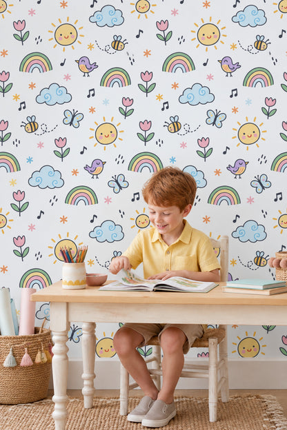 Smiling Sun And Rainbow Wallpaper Pastel Doodle Pattern