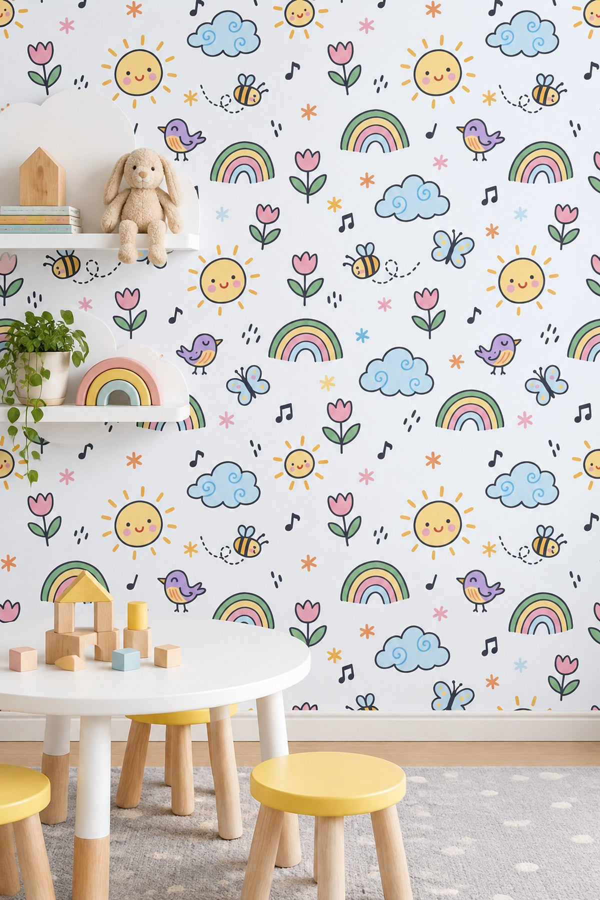 Smiling Sun And Rainbow Wallpaper Pastel Doodle Pattern