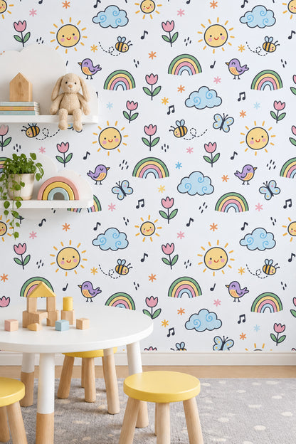 Smiling Sun And Rainbow Wallpaper Pastel Doodle Pattern