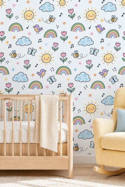 Smiling Sun And Rainbow Wallpaper Pastel Doodle Pattern