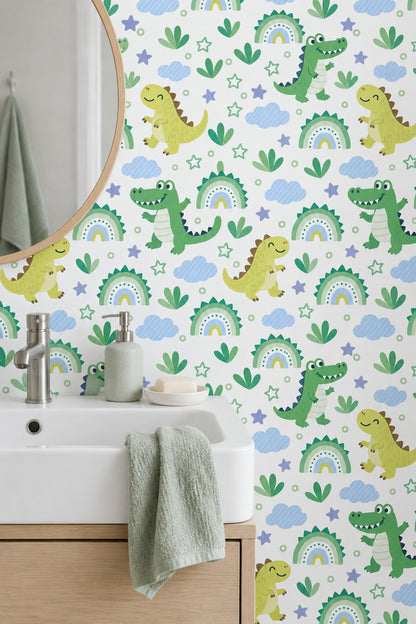 Cute Dinosaur And Crocodile Wallpaper Pastel Clouds On White Background