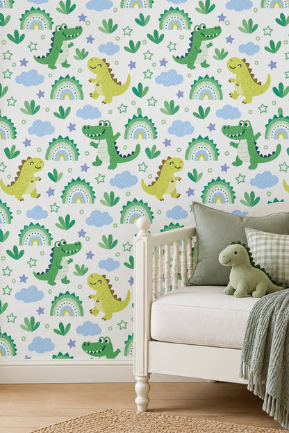 Cute Dinosaur And Crocodile Wallpaper Pastel Clouds On White Background