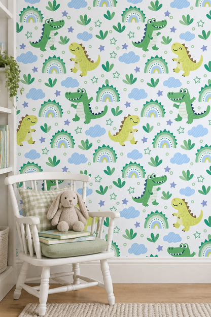 Cute Dinosaur And Crocodile Wallpaper Pastel Clouds On White Background
