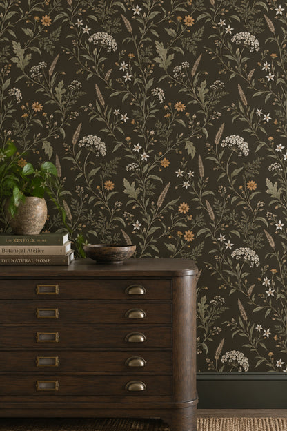 Wildflower Branches Wallpaper Dark Brown Vintage Inspired Botanical