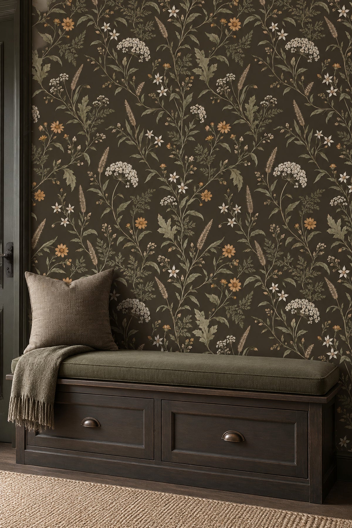 Wildflower Branches Wallpaper Dark Brown Vintage Inspired Botanical