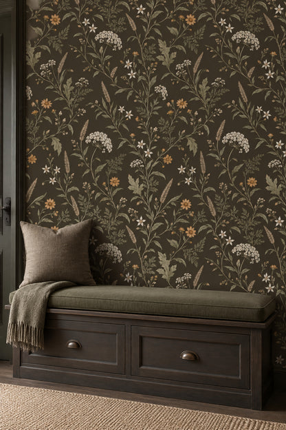Wildflower Branches Wallpaper Dark Brown Vintage Inspired Botanical