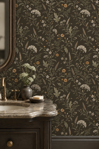 Wildflower Branches Wallpaper Dark Brown Vintage Inspired Botanical