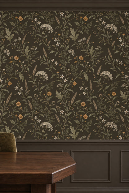 Wildflower Branches Wallpaper Dark Brown Vintage Inspired Botanical