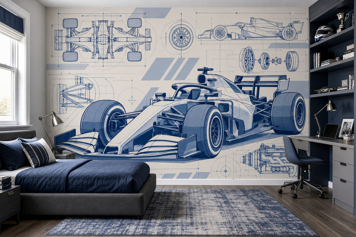 Formula Race Car Blueprint Wallpaper Mural: Navy And Blue Technical Drawing